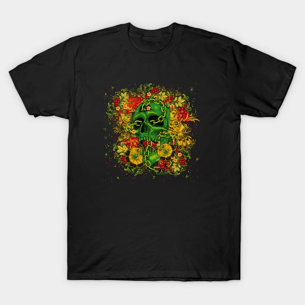 Skull with chain and flower pattern T-Shirt by TOKEBI